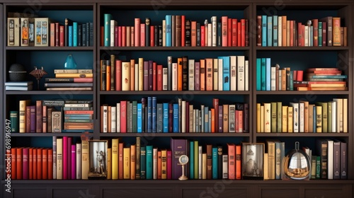 Delve into the world of diverse genres and colors as books grace a chic bookshelf, offering a visually captivating and organized arrangement. photo