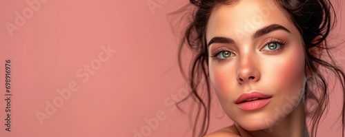 Cosmetic beauty banner with close-up portrait of a beautiful woman isolated on color background