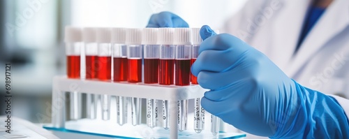Doctor holding a test blood sample tube with ketone test on the background of medical test tubes with analyzes photo