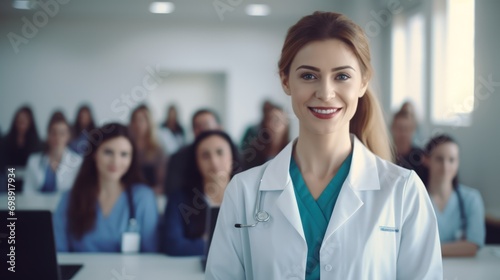 female woman doctor nurse portrait shot smiling cheerful confident standing front row in medical training class or seminar room background photo