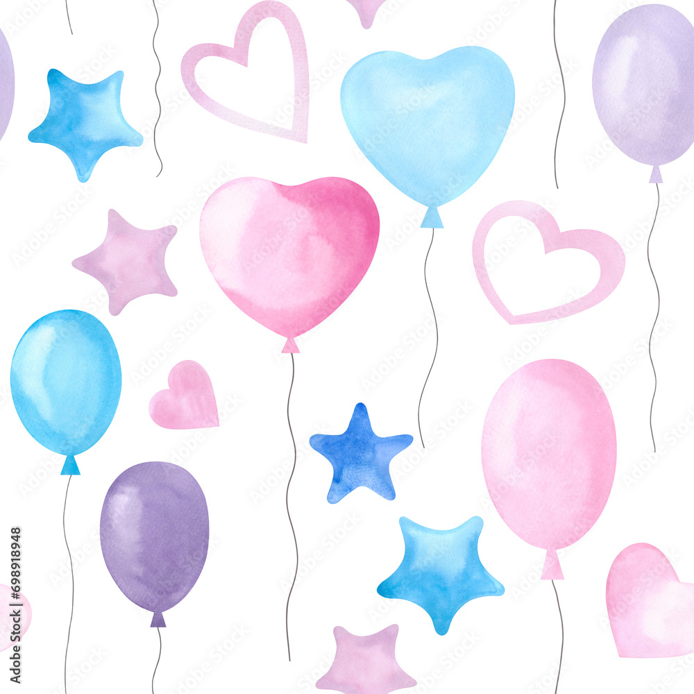 A festive watercolor seamless pattern with painted multicolored balloons, hearts and stars. A decorative element for design, decoration, congratulations. The texture of watercolor on paper.