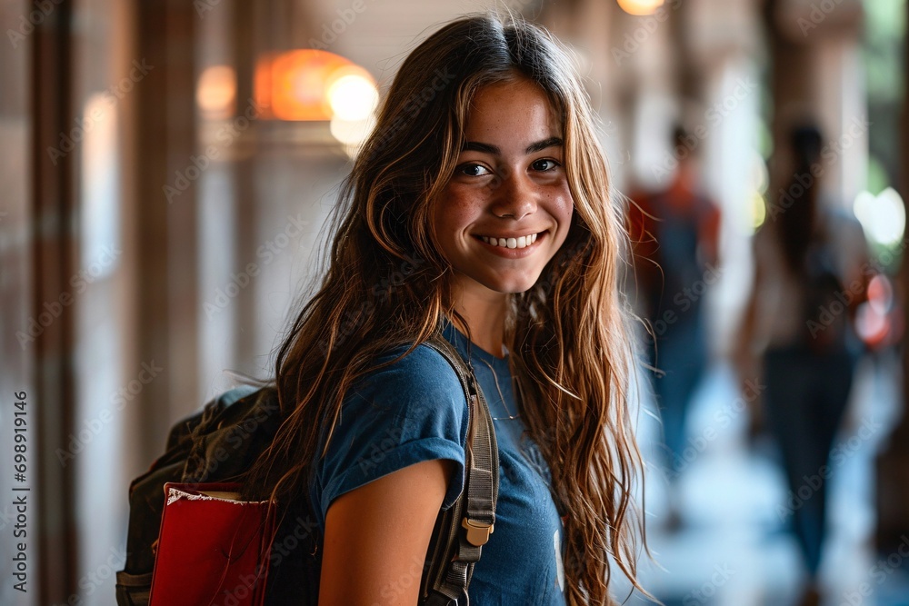 Smiling Woman with Long Hair and Backpack