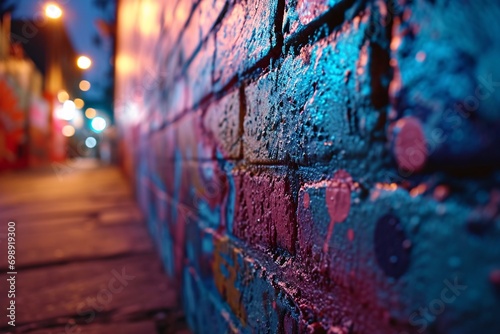 A colorful brick wall with a blue tint