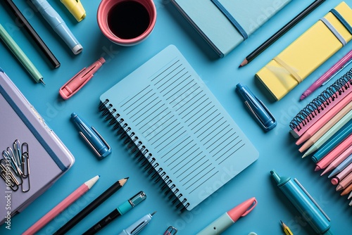 A variety of writing utensils and notebooks on a blue table. photo