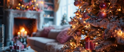 A cozy living room with a Christmas tree and a couch. © Mansi