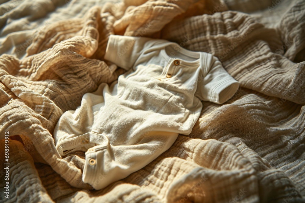 A baby's white outfit on a bed. A baby's white outfit on a bed.