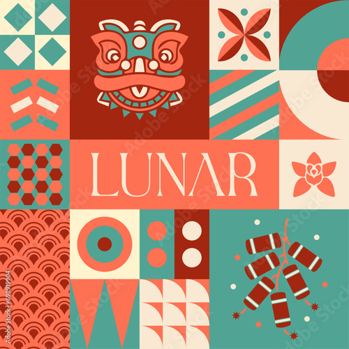 Chinese Lunar New Year Dragon seamless pattern in scandinavian style postcard with Retro clean concept design