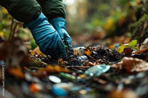 A person wearing blue gloves and holding a dirty bottle in a forest photo