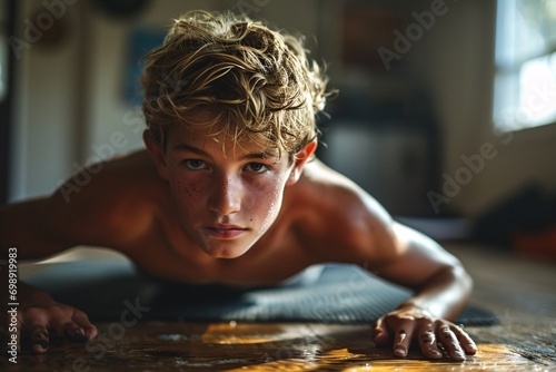 Young man with spotted face doing a push-up on a wooden floor. photo