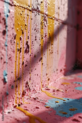 Pink Wall with Yellow, Blue, and Orange Paint Stains