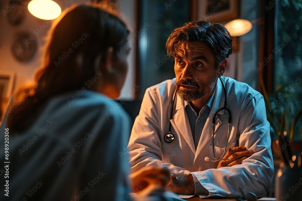 A man wearing a white coat and a stethoscope talking to a woman