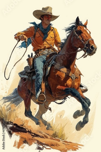 A cartoon-style cowboy with a wide-brimmed hat  boots  and a lasso  riding a horse