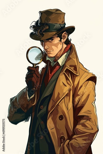 A cartoon-style detective with a magnifying glass, trench coat, and a Sherlock Holmes hat