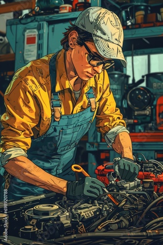 A cartoon-style mechanic with a wrench, overalls, and a confident pose, working on a car engine
