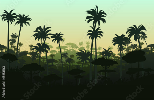 Spreading palm trees silhouette. Tropical forest. Dense jungle with big trees. Thickets of plants. Cartoon fun style. Flat design. Vector