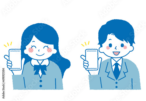 スマホを操作する学生のイラスト。