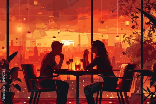 A couple enjoying a romantic dinner at a fancy restaurant, contemporary digital art with a flat design aesthetic, with bold color contrasts, simplified shapes, and clean lines
