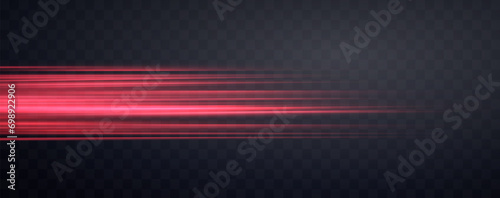 Speed rays, velocity light neon flow, zoom in motion effect, red glow speed lines, colorful light trails, stripes. Abstract background, vector illustration.