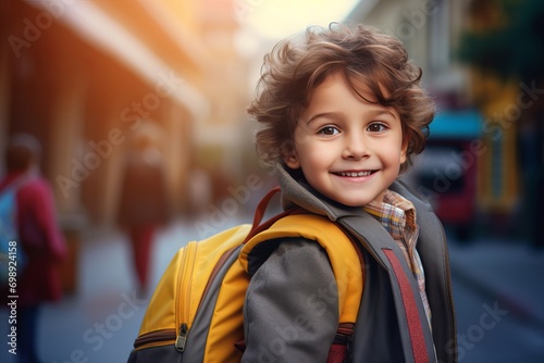 Adorable little boy with a school backpack