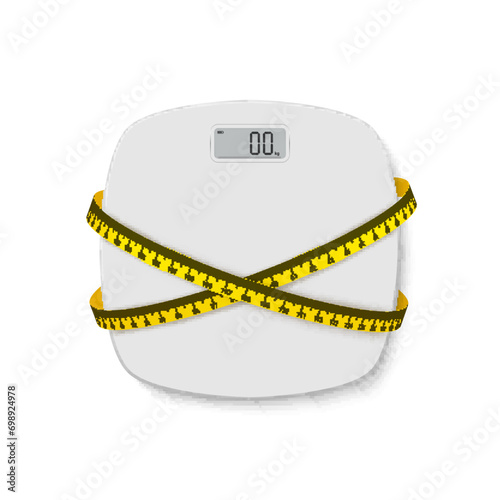 Bathroom electronic scale with measuring tape weight control and healthcare realistic vector