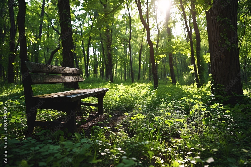 A wooden bench in a lush green forest A wooden bench in a lush green forest