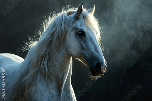 A white horse with a long mane and a black nose photo