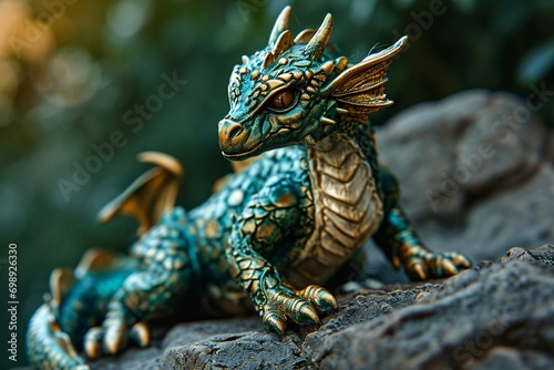 A gold dragon figurine sitting on a rock.