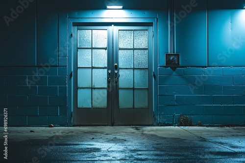 A dark blue doorway with a yellow lock photo
