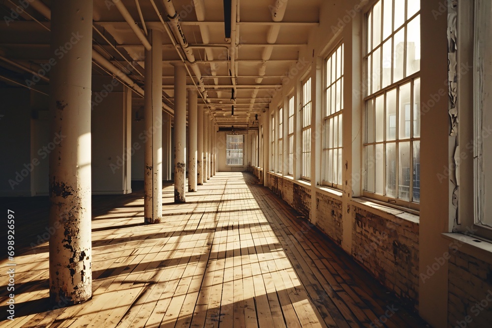 Abandoned Warehouse with Sunlight Streaming Through Windows