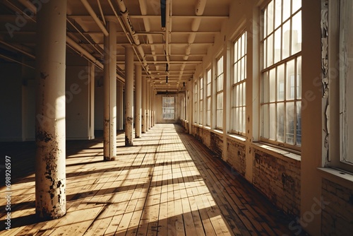 Abandoned Warehouse with Sunlight Streaming Through Windows