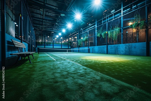 A tennis court with a bench and a net photo