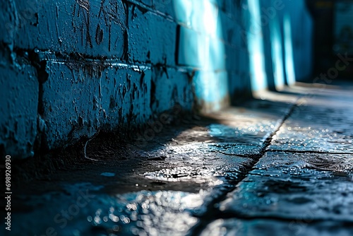 A blue brick wall with a shadow of a person walking on it
