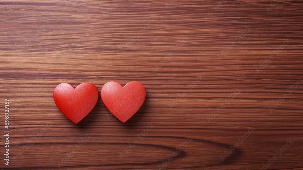 Two red hearts on wooden background, copy space - generative ai Two red hearts on wooden background, copy space - generative ai