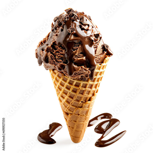 Chocolate Ice cream with topping in the cone on transparent background, ai technology