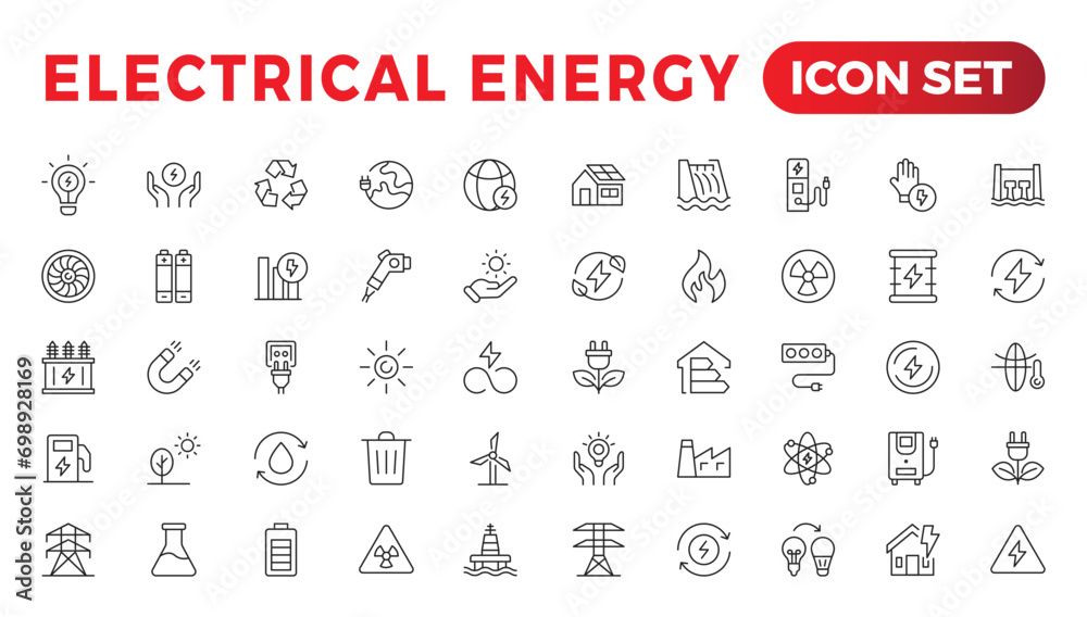 Electrical energy, electricity. Outline icon collection - obrazy, fototapety, plakaty 
