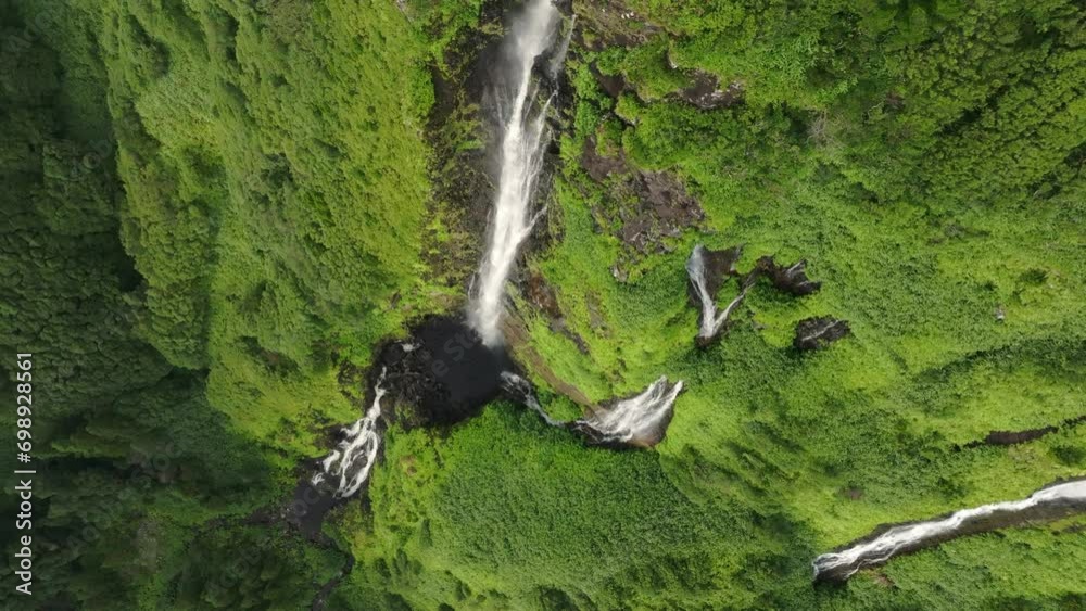 Big waterfall in middle lush green jungle at Flores island Azores - Drone shot