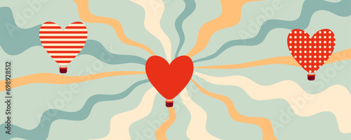 Vintage style print with heart shaped hot air balloons on groovy sky background. Perfect for cup, mug, postcard, sticker, banner. Vector illustration.