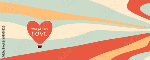 Romantic print in retro style with heart shaped hot air balloon on wavy sky background. Perfect for cup, mug, postcard, sticker, banner. Vector illustration.