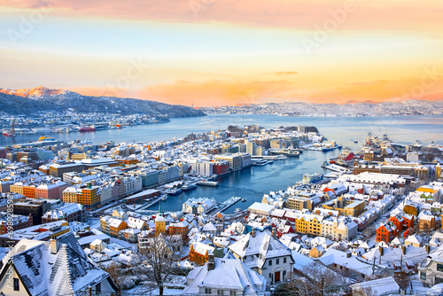 Amazing view of Bergen harbor in winter at sunrise, Norway