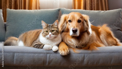 Cat and dog are resting together on the sofa