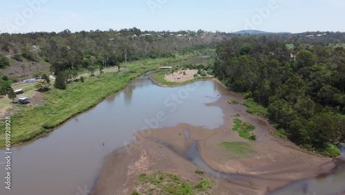 Aerial view of a small river with an island in it with a lush green banks photo