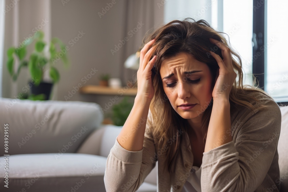A woman in the grips of a mental health crisis, conveying the urgency of awareness and support for psychological well-being in domestic environments. A woman in the grips of a mental health crisis, conveying the urgency of awareness and support for psychological well-being in domestic environments.
