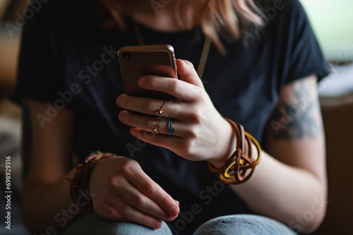 A woman holding a cell phone. photo