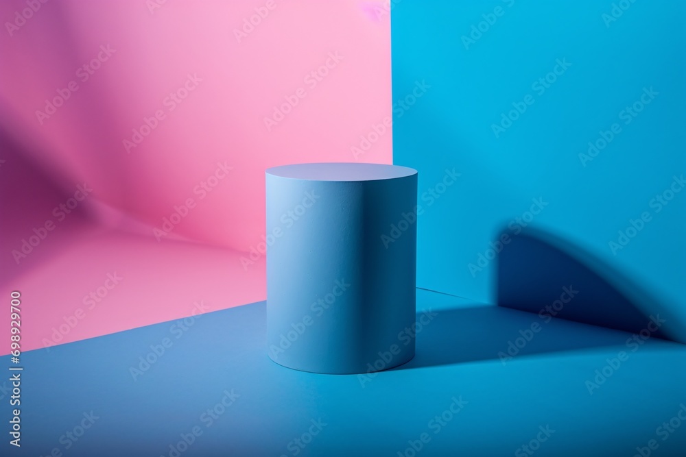 A blue and pink colored cube on a blue background.