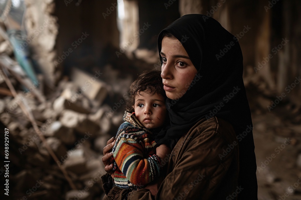 A woman holding a child in a war-torn area