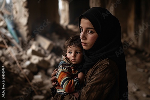 Obraz na płótnie A woman holding a child in a war-torn area w salonie