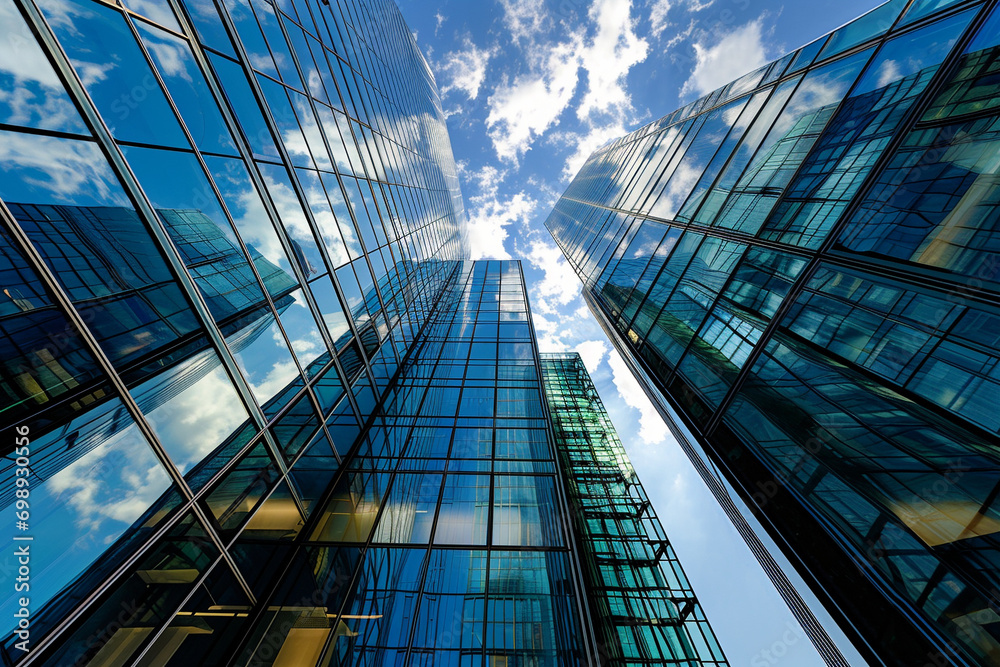 Obraz premium Modern Glass Facades Reflecting Sky – Contemporary Architecture and Urban Design Concept
