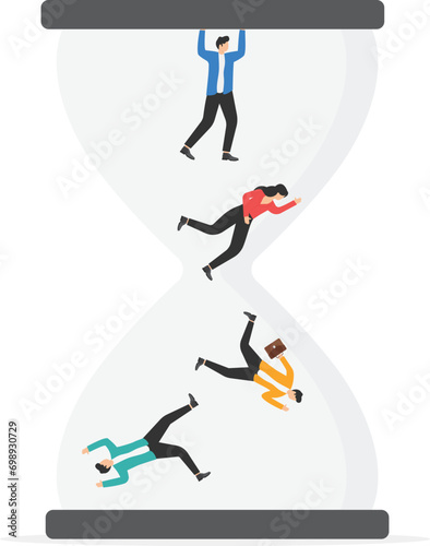 Conceptual illustration of business executives inside a hourglass falling down

