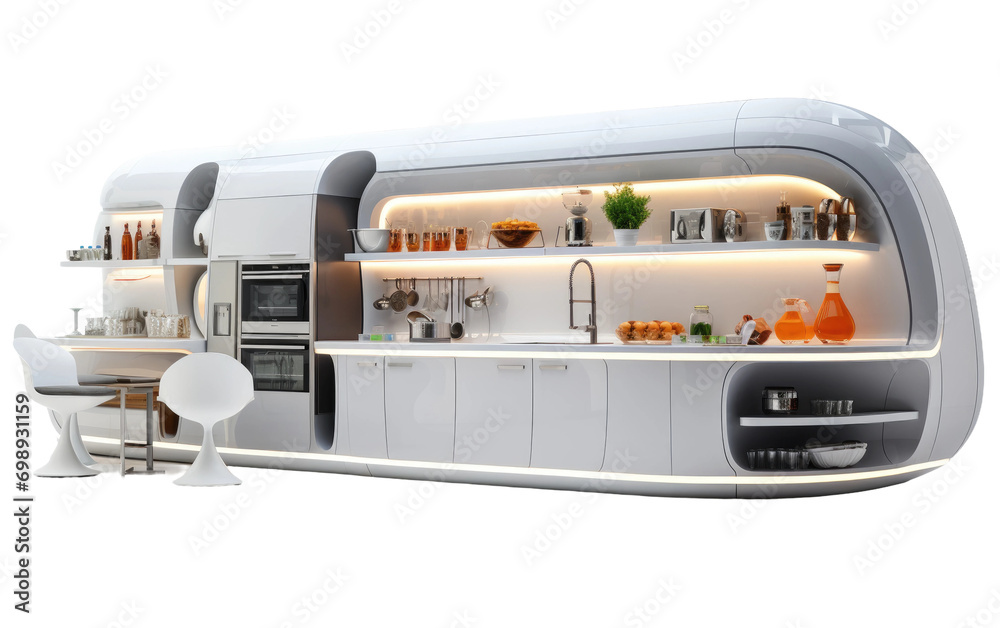 A Singular Image of a Futuristic Kitchen with High-Tech Furniture and Appliances On a White or Clear Surface PNG Transparent Background.