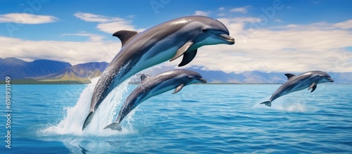 A Hawaii dolphin family jumping from clear blue waters.